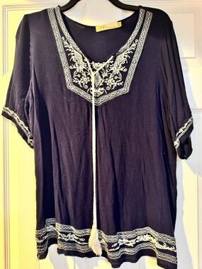 C&J Navy Embroidered V-Neck Cover up | Resort-wear